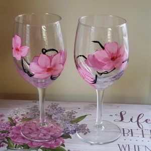 Set of 2 Hand Painted Stemmed Wine Glasses